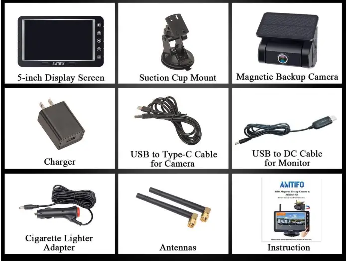 AMTIFO A26 Solar Magnetic Backup Camera and Monitor Kit - Parts