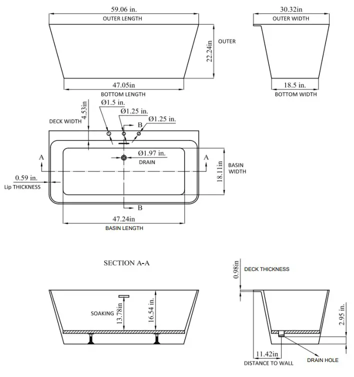 ANZZI FT-AZ114-59 Freestanding Bathtub - dimisions