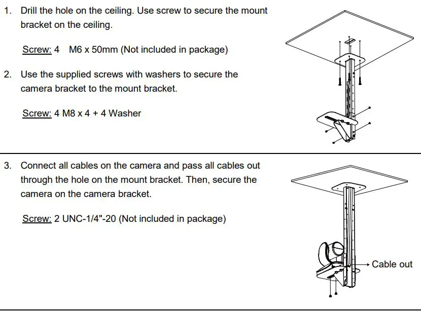 AVer COMCAM570 Dual 4K Audio Tracking Camera User Manual - To mount the camera to the ceiling