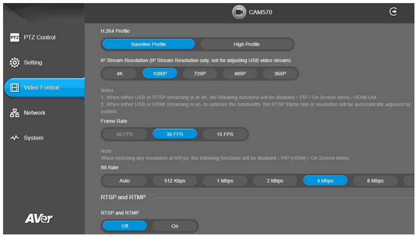 AVer COMCAM570 Dual 4K Audio Tracking Camera User Manual - Video Format Settings