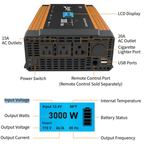 Ampeak 3000 Watts Pure Sine Wave Safe Power Inverter - fig1