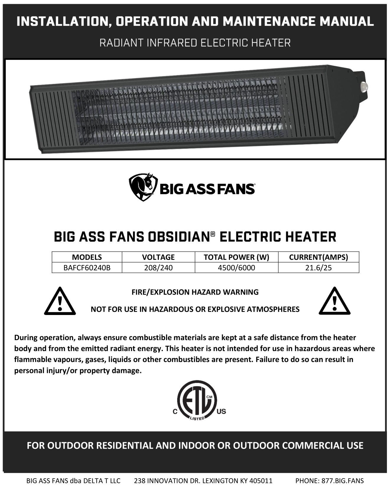 BIG ASS FANS BAFCF60240B Obsidian Electric Outdoor Heater Instruction Manual
