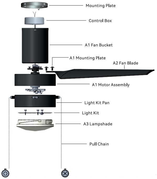 CARRO LCFP523N-L11-B2-1-FM Black Integrated LED Indoor Ceiling Fan - parts