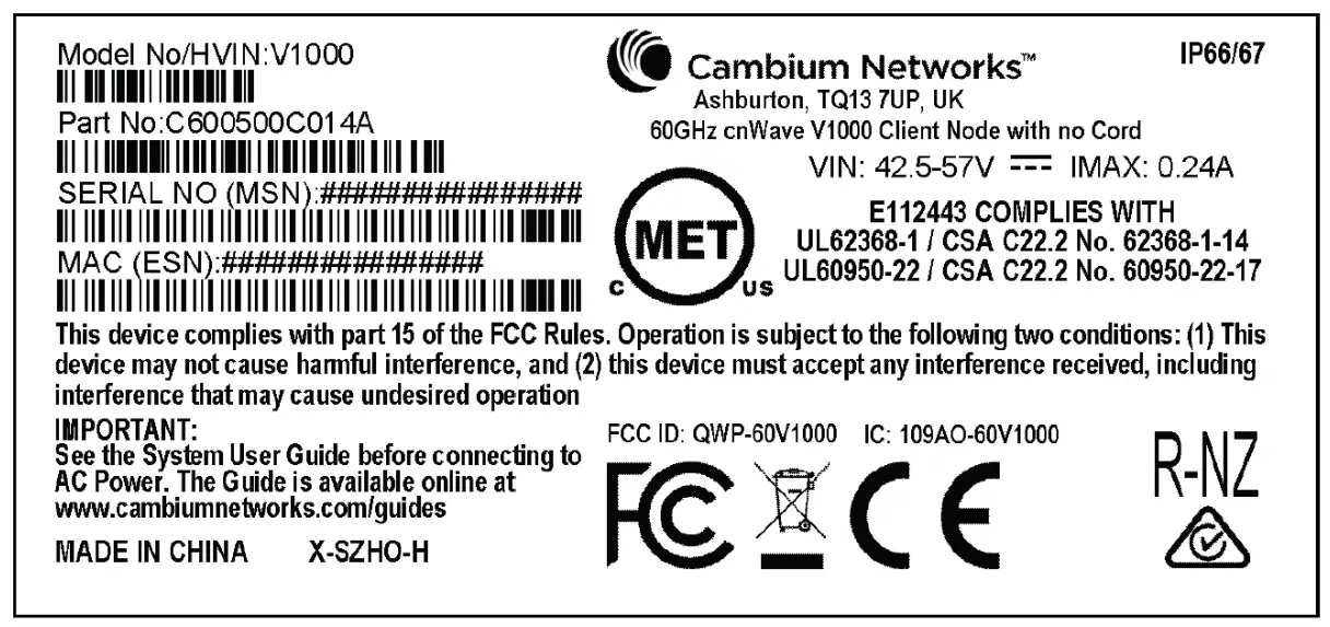 Cambium Networks cnWave 60 GHz V5000 Distribution Node - Node with no cord