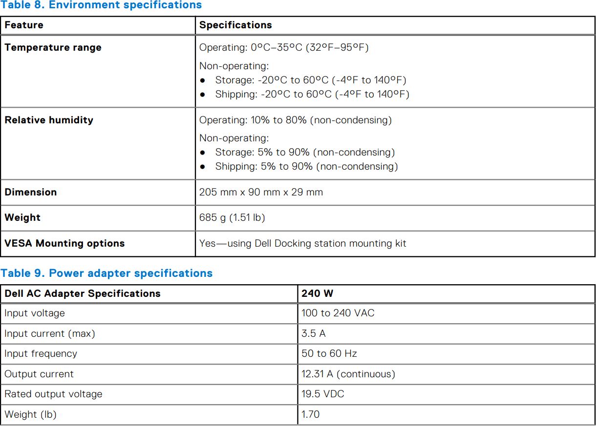 Dell WD19DCS Docking Station Dual Cable User Guide - Docking specifications