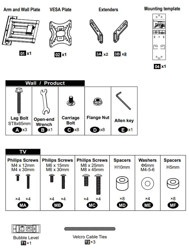 ELIVED YD3018 Long Arm TV Mount - Minimum VESA Pattern - Hardware