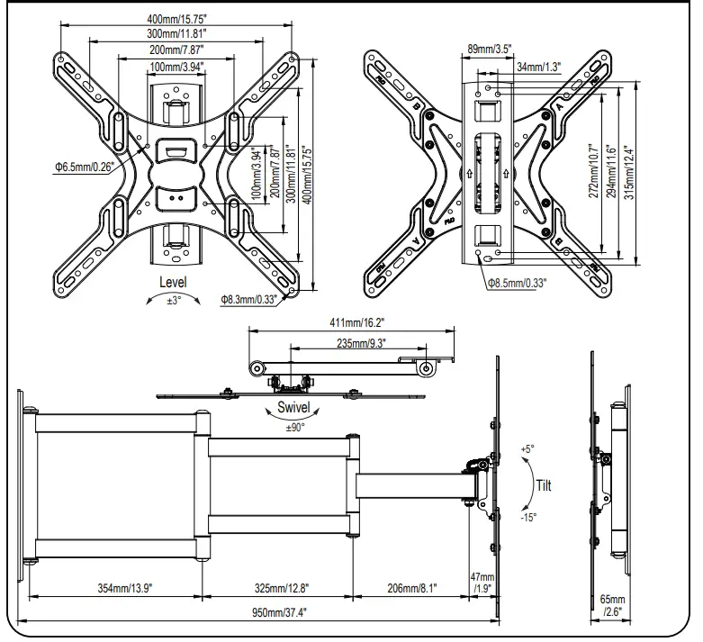 ELIVED YD3018 Long Arm TV Mount - Minimum VESA Pattern - Product Dimensions
