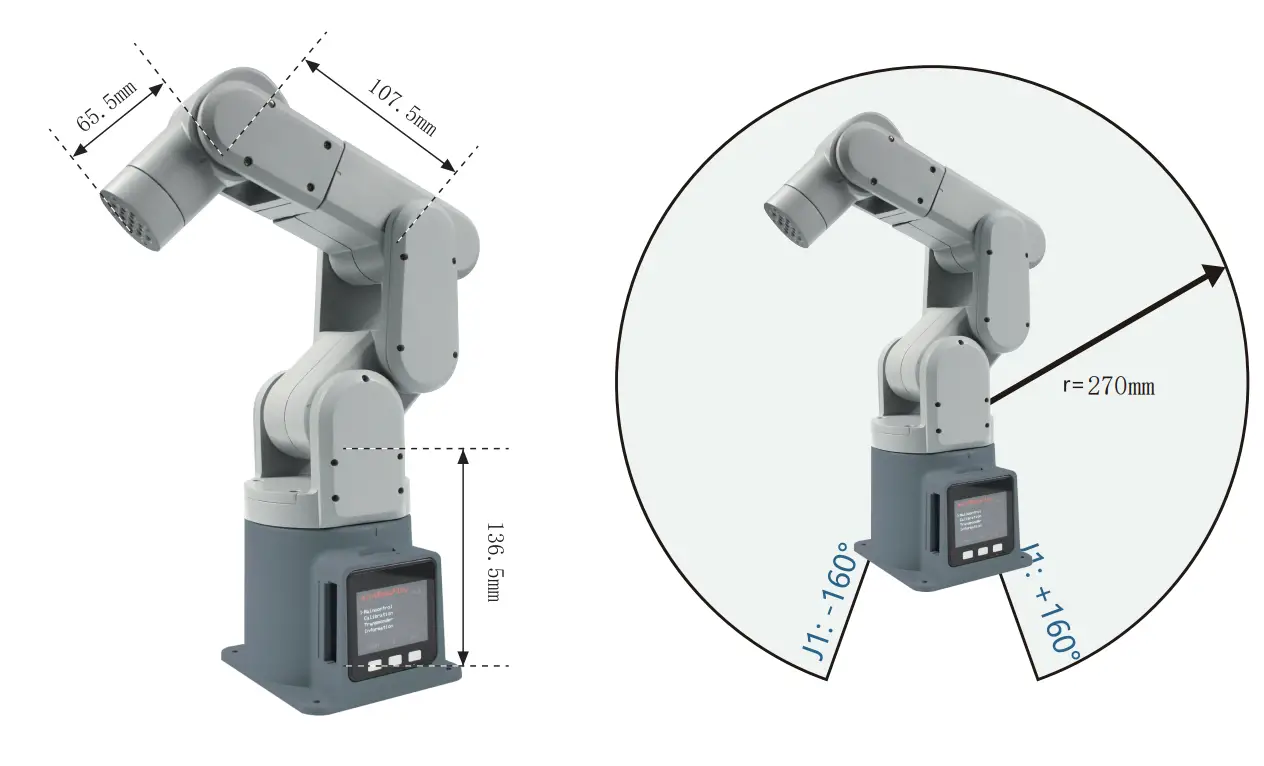mechArm pi 270 - Size and Working Range Diagram