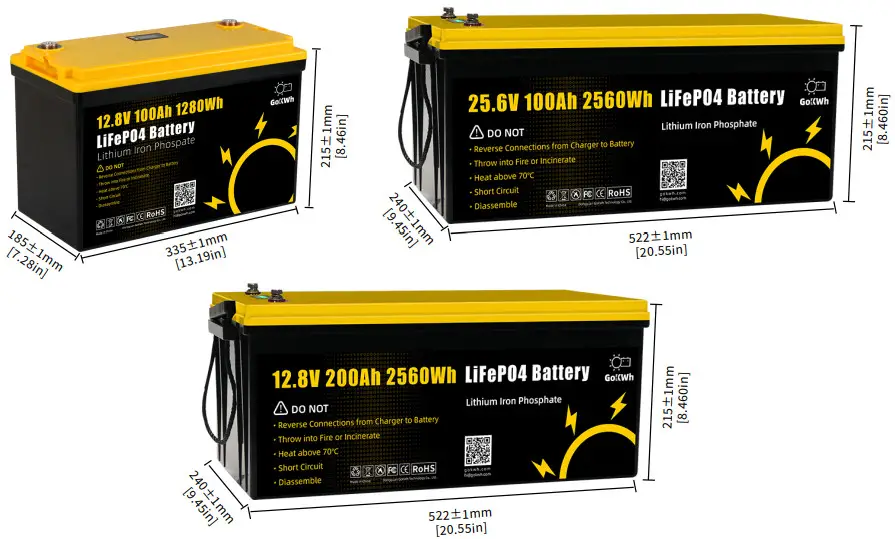 GoKWh 12V & 24V Series Smart Bluetooth and LCD Display 12V 100Ah - Battery Dimensions
