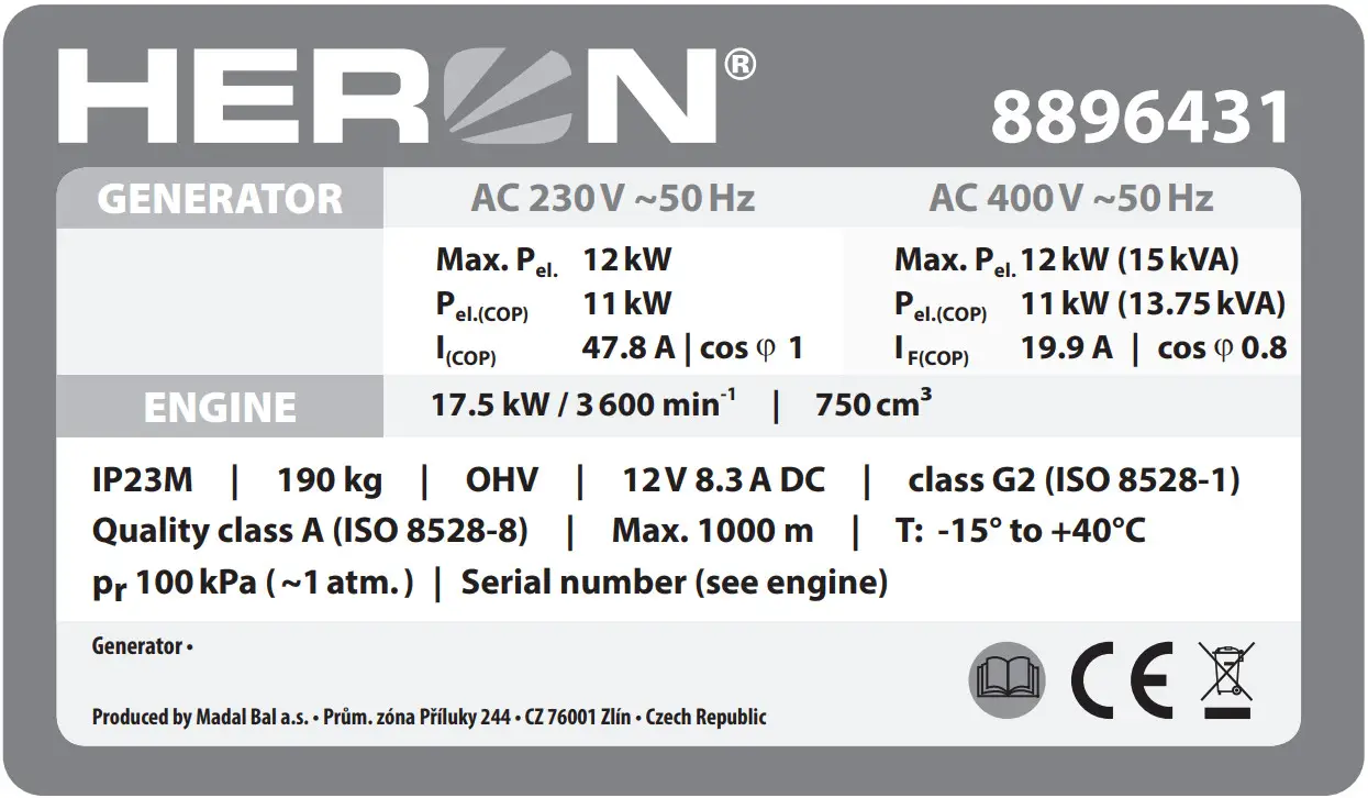 HERON 8896431 Gasoline Generator - Meaning of markings