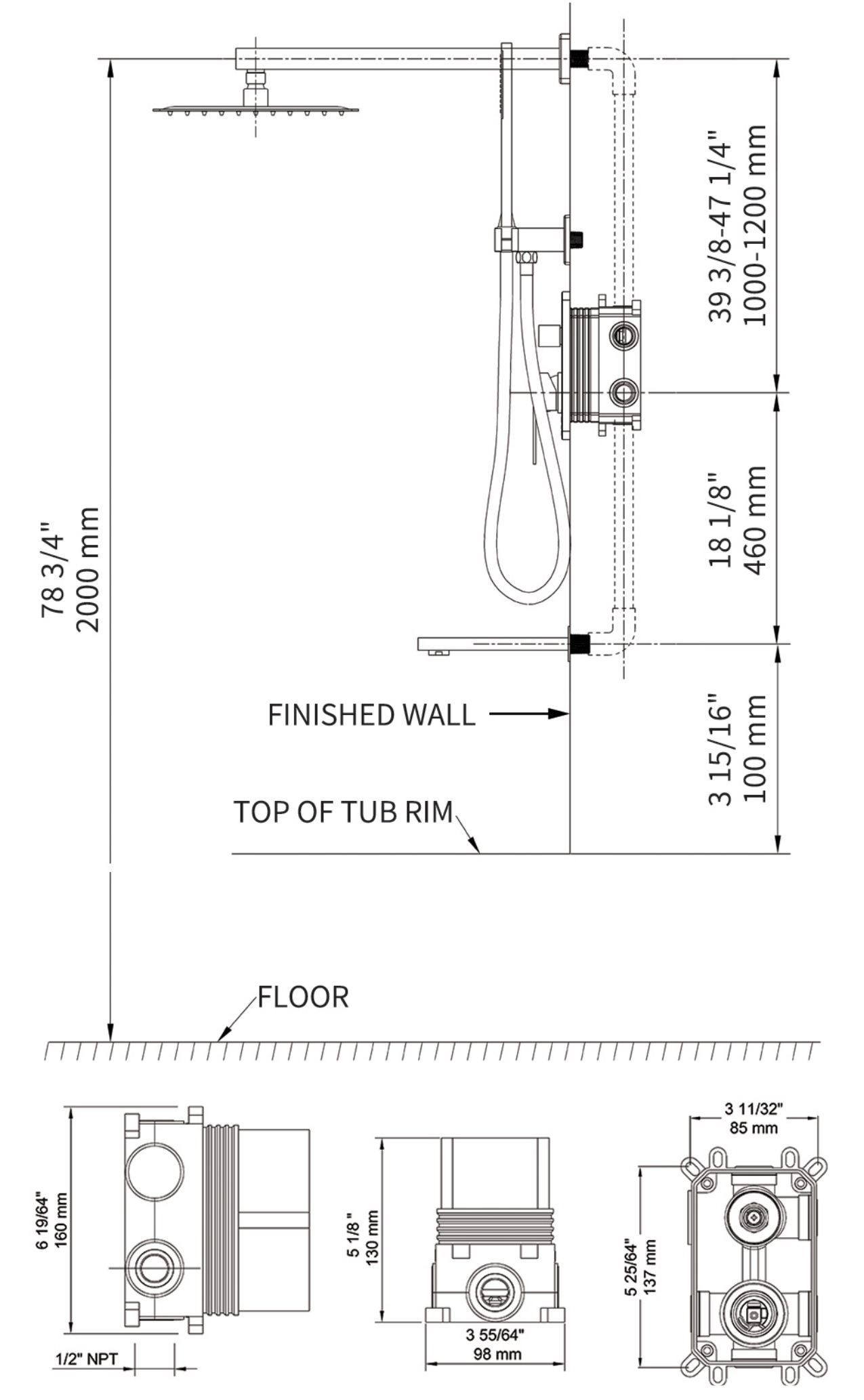 KES XB6300-BK Black Shower Faucet Set Shower System with Tub Spout - DIMENSION
