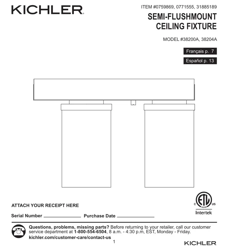 KICHLER 38204A Semi-Flushmount Ceiling Fixture User Guide