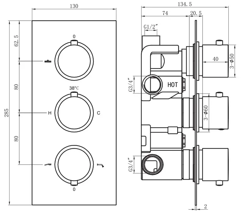 KW Bathrooms Thermostatic Concealed Shower Valve Round 3 Knob 3 Way - Dimensions 2