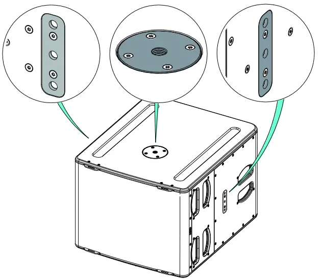 IMPORTANT Speaker stand must be rated for the weight of the main cabinet. Speaker stand must always be installed on a horizontal surface. Stand height and footprint must be defined to prevent assembly from collapsing. Ensure that audience is not allowed within a safety area which radius is equal or higher than assembly height. Test steadiness of the assembly by pushing in all directions. 