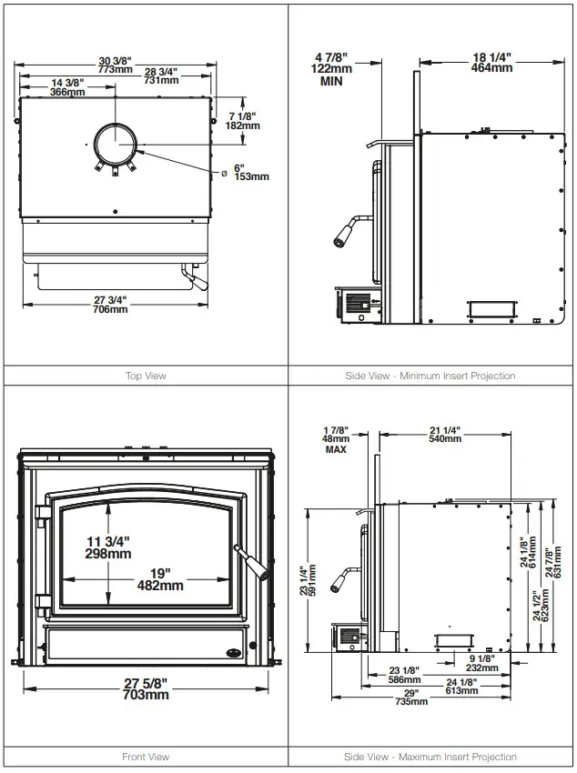 OSBURN 3500 Wood Insert - Dimensions