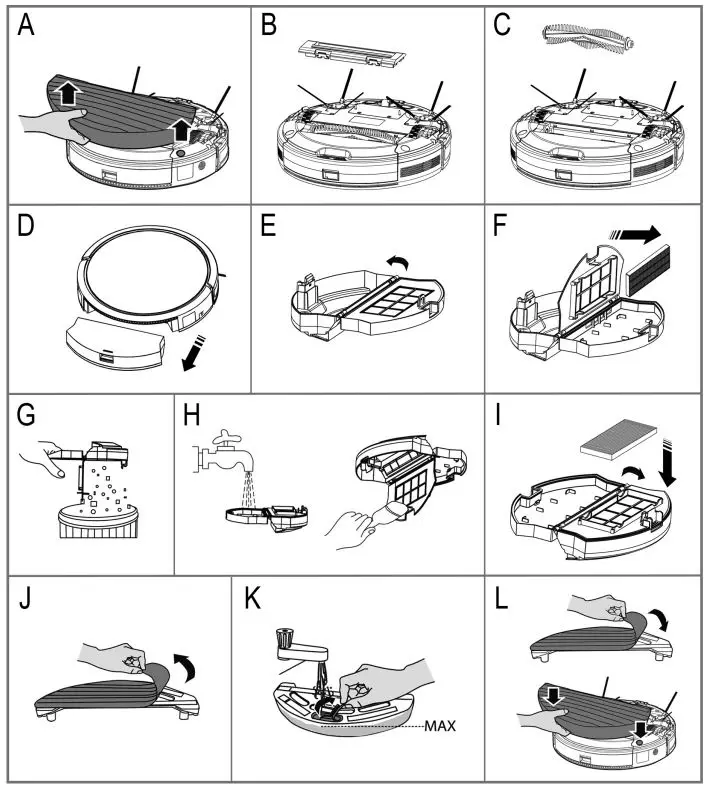 PROFI CARE PC-BSR 3108 Robot Vacuum Cleaner Wiping Function Instruction Manual - Clean Dust Container and Floor Brush