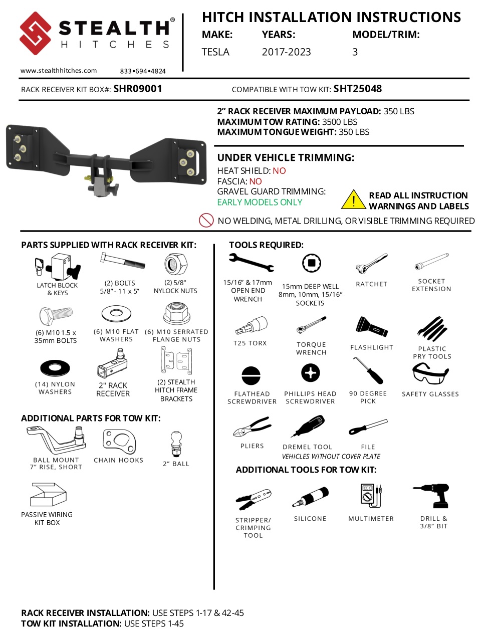 STEALTH HITCHES SHR09001 Rack Receiver Kit Box for Tesla Model 3 Hitch Instruction Manual, Parts and Tools