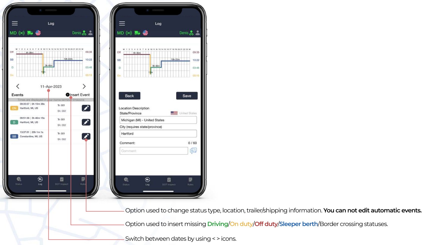 TRACKENSURE iOS ELD Application - LOG TAB
