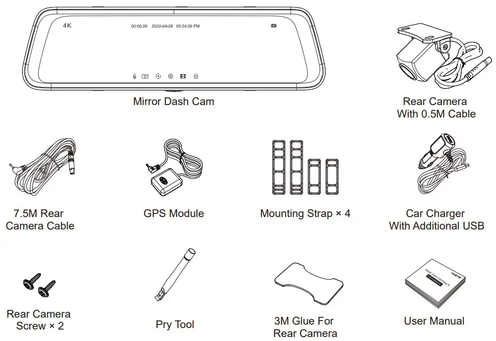 ThiEYE CV4 Dual Lens Mirror Dash Cam - parts