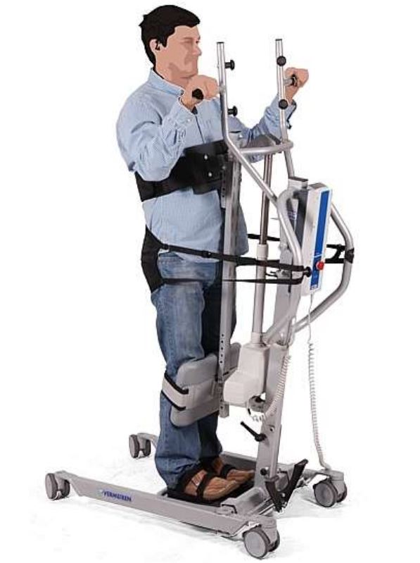 VERMEIREN Albatros II Electric Stander with Harness - View properly how the patient is stabilized