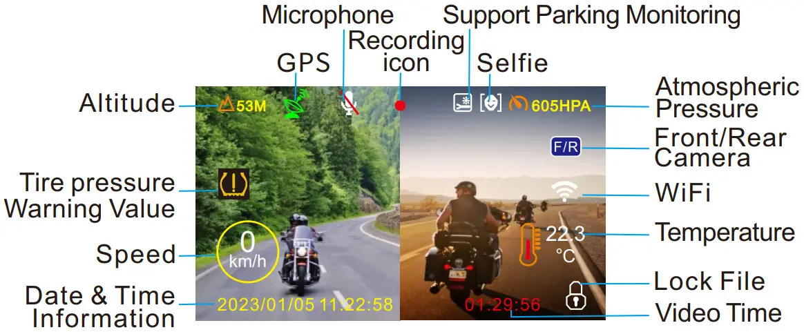VSYSTO F4 5 Pro 4.5 Inch Screen WiFi Motorcycle Dash Cam - recording mode