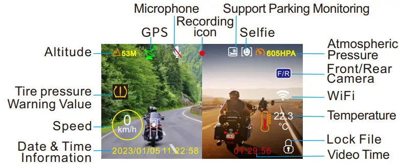 VSYSTO F4 5 Pro WiFi Motorcycle Dash Cam - Images Information and Menu Description 2