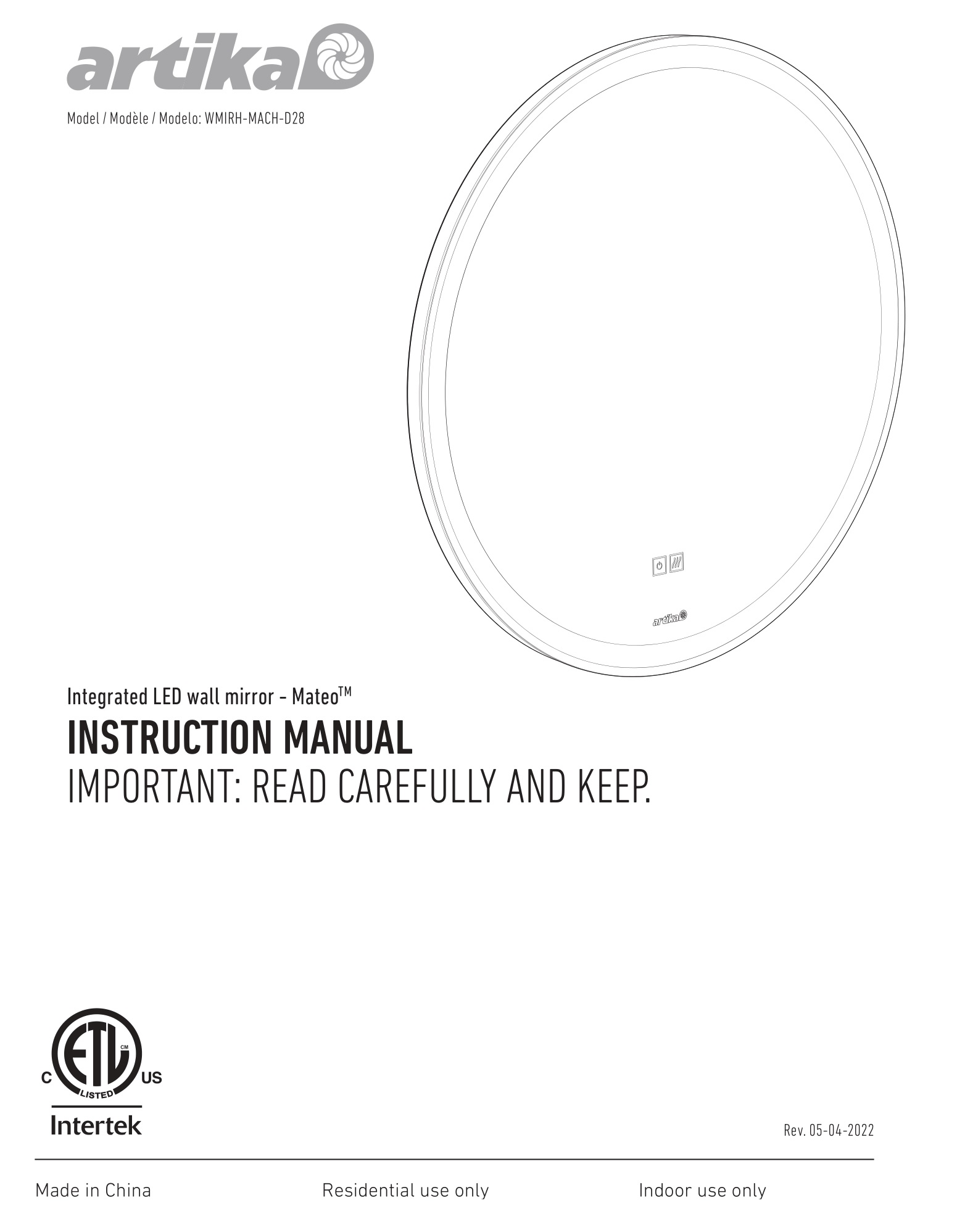 artika WMIRH-MACH-D28 Mateo Integrated LED Wall Mirror Instruction Manual