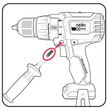 ozito PXBHS-600 60nm PXC Brushless Hammer Drill - Screw the threaded part of the handle into the side of the tool.